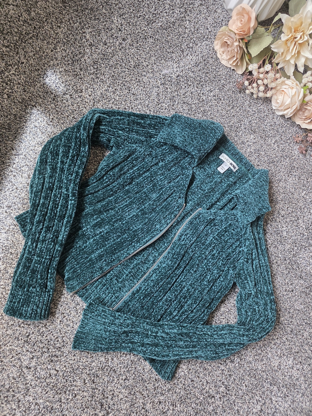 Fashion Nova Teal Ribbed Zip-Front Velvet Ribbed Zip-Front Sweater Jacket - Teal